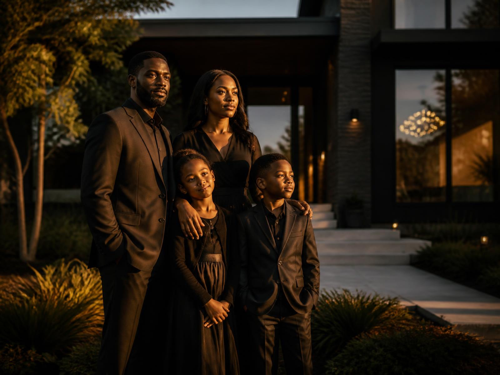 A family standing in front of their new home at golden hour